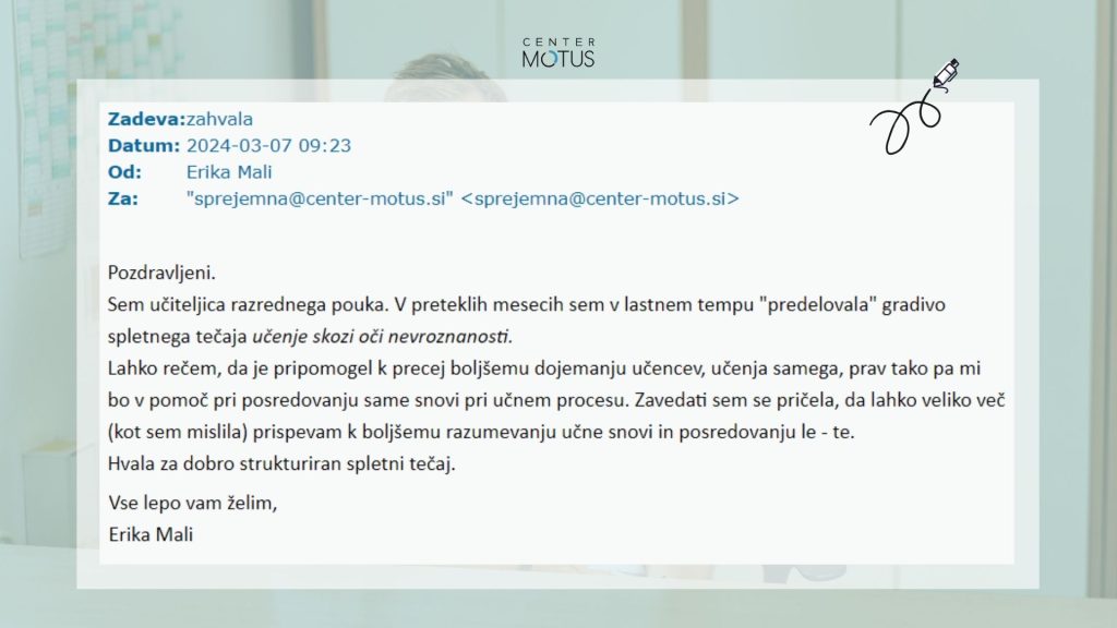 pohvala spletnega tečaja iz strani učiteljice