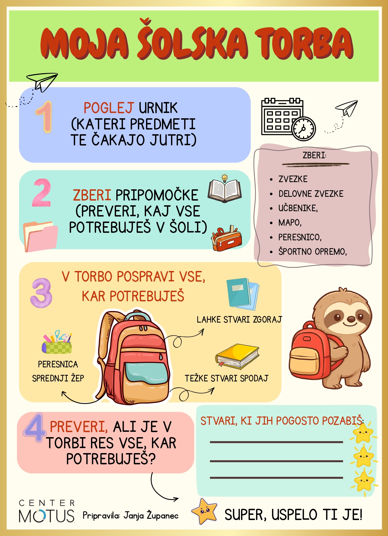 Infografika "Priprava šolske torbe"